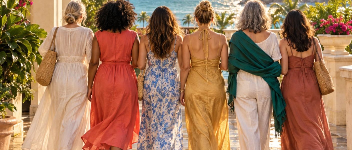 Six women walking together toward the water at a Florida resort