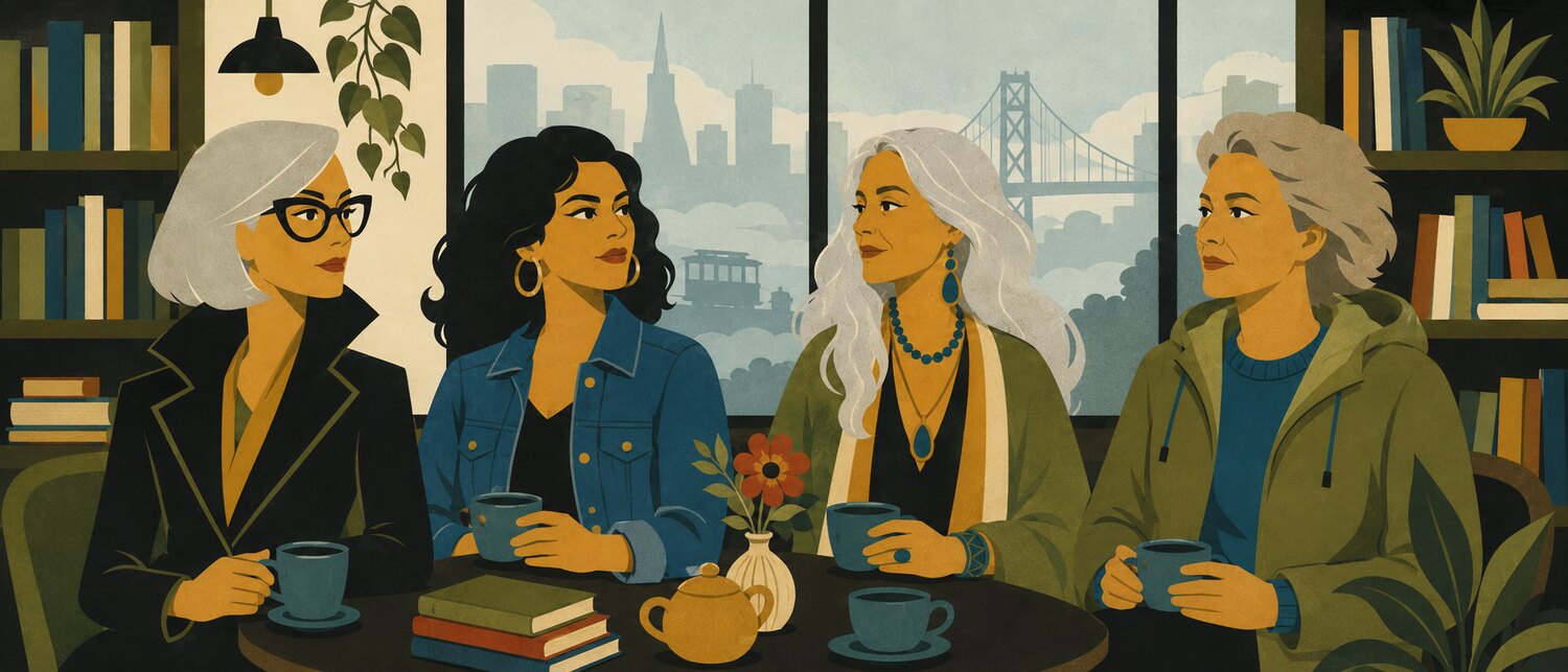 The Fog and Quill Society, all four members together over tea in a San Francisco café